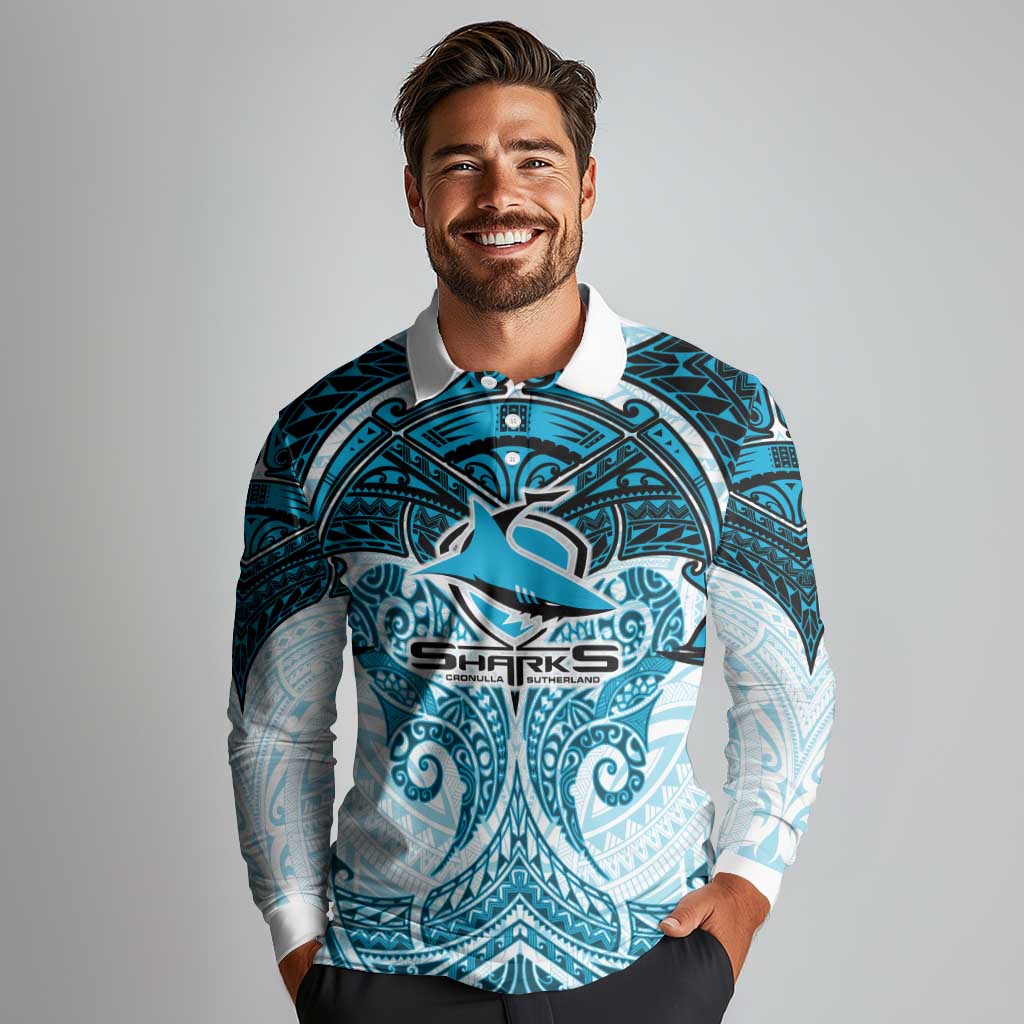 Personalized Cronulla-Sutherland Sharks Long Sleeve Polo Shirt Polynesian Tribal Pattern Style