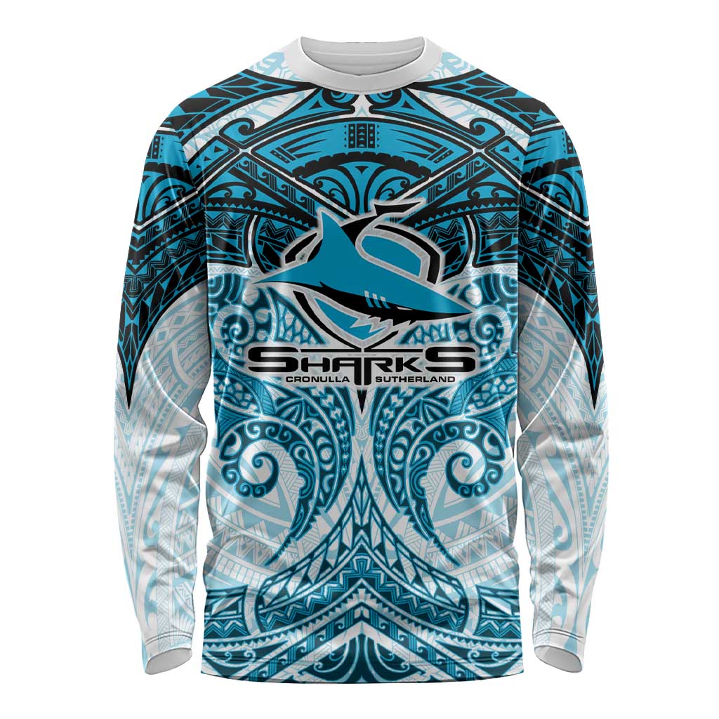 Personalized Cronulla-Sutherland Sharks Long Sleeve Shirt Polynesian Tribal Pattern Style