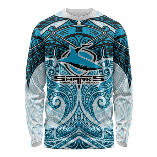 Personalized Cronulla-Sutherland Sharks Long Sleeve Shirt Polynesian Tribal Pattern Style