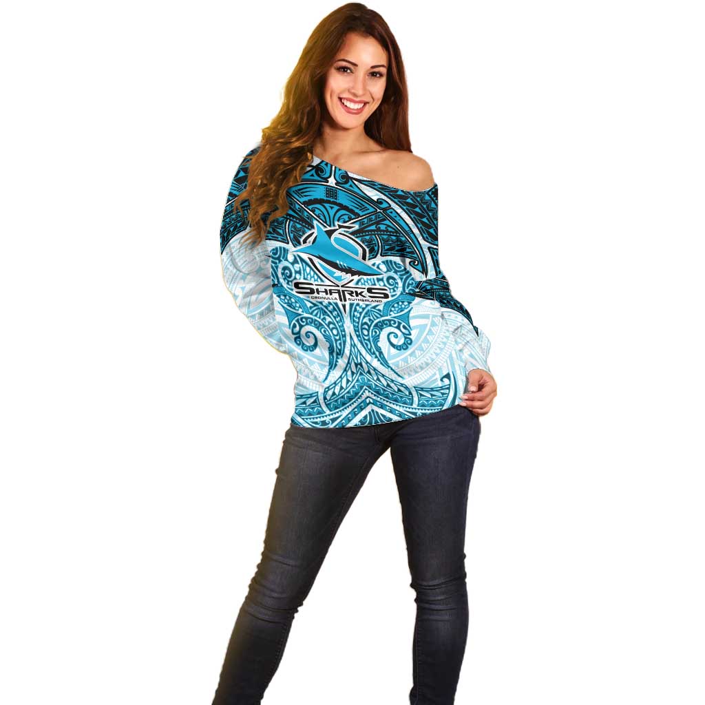 Personalized Cronulla-Sutherland Sharks Off Shoulder Sweater Polynesian Tribal Pattern Style