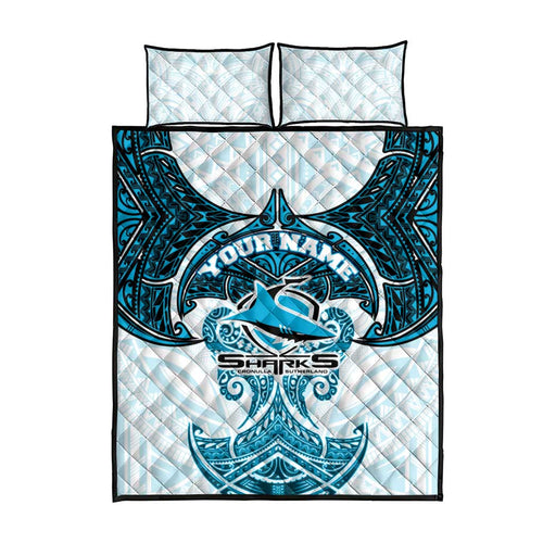 Personalized Cronulla-Sutherland Sharks Quilt Bed Set Polynesian Tribal Pattern Style