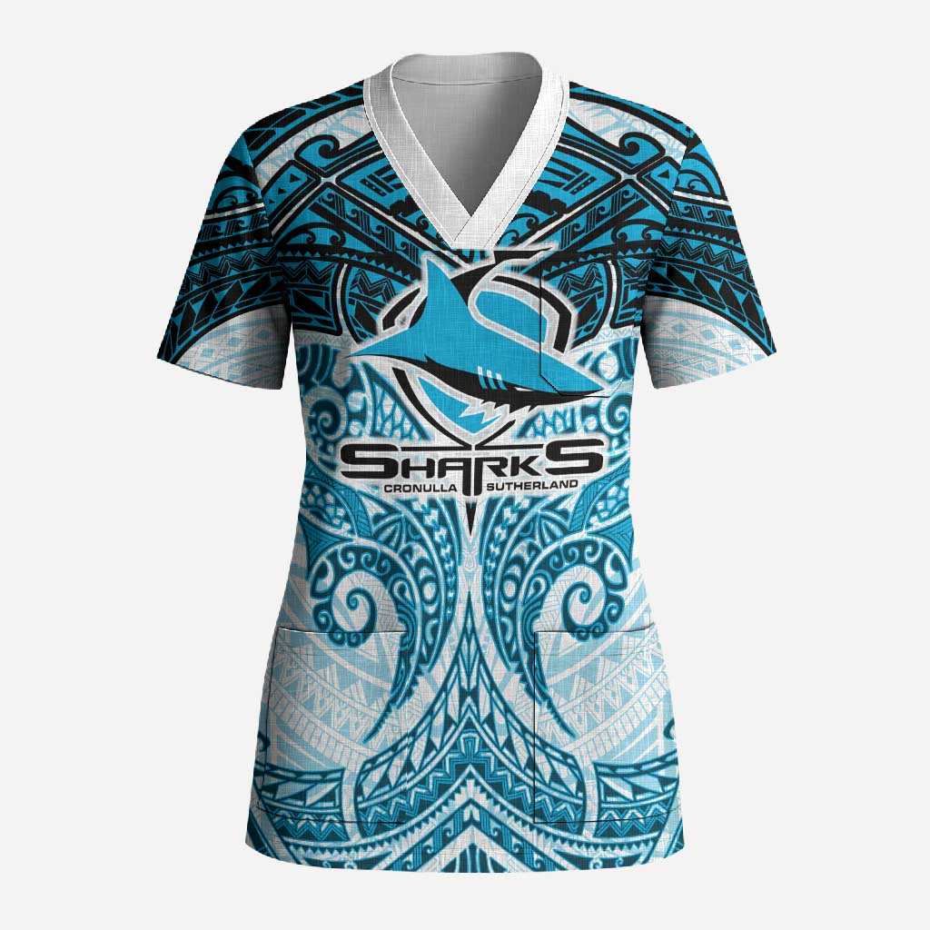 Personalized Cronulla-Sutherland Sharks Scrub Top Polynesian Tribal Pattern Style