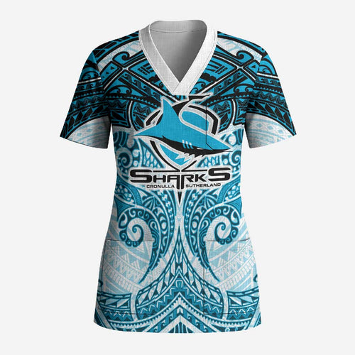 Personalized Cronulla-Sutherland Sharks Scrub Top Polynesian Tribal Pattern Style