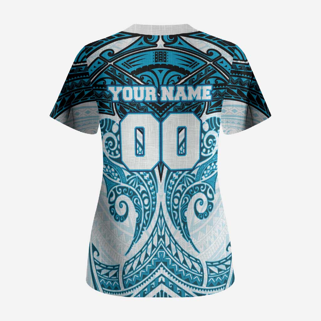 Personalized Cronulla-Sutherland Sharks Scrub Top Polynesian Tribal Pattern Style