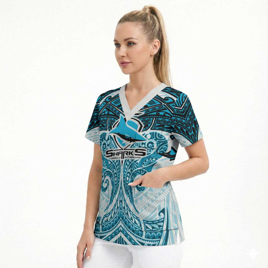 Personalized Cronulla-Sutherland Sharks Scrub Top Polynesian Tribal Pattern Style