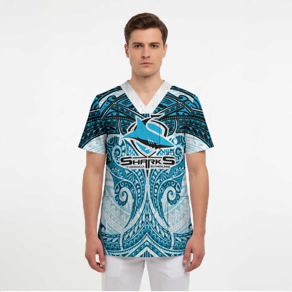 Personalized Cronulla-Sutherland Sharks Scrub Top Polynesian Tribal Pattern Style
