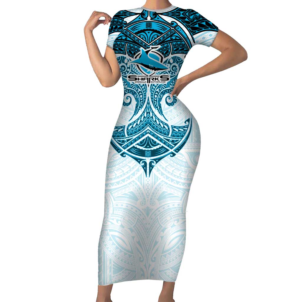 Personalized Cronulla-Sutherland Sharks Short Sleeve Bodycon Dress Polynesian Tribal Pattern Style