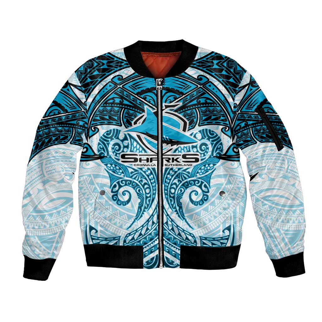 Personalized Cronulla-Sutherland Sharks Sleeve Zip Bomber Jacket Polynesian Tribal Pattern Style