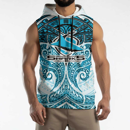 Personalized Cronulla-Sutherland Sharks Sleeveless Hoodie Polynesian Tribal Pattern Style