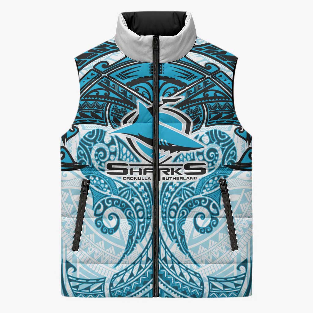 Personalized Cronulla-Sutherland Sharks Sleeveless Puffer Jacket Polynesian Tribal Pattern Style