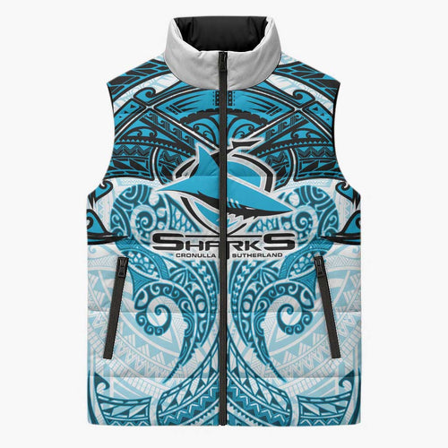 Personalized Cronulla-Sutherland Sharks Sleeveless Puffer Jacket Polynesian Tribal Pattern Style