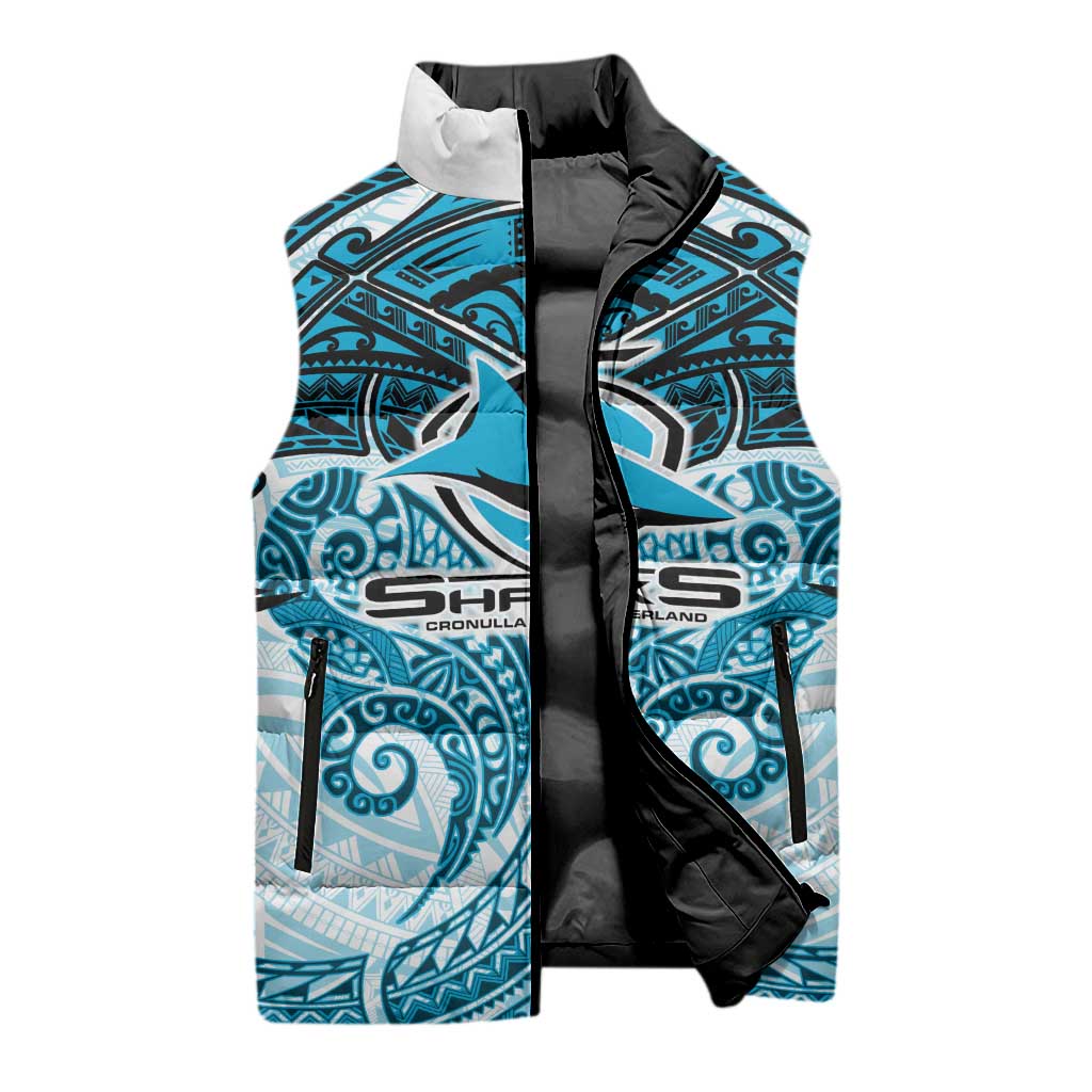 Personalized Cronulla-Sutherland Sharks Sleeveless Puffer Jacket Polynesian Tribal Pattern Style