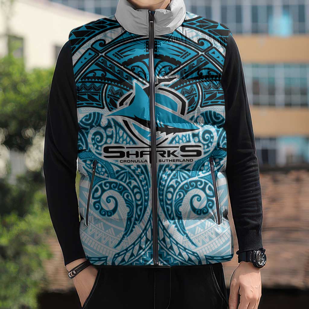 Personalized Cronulla-Sutherland Sharks Sleeveless Puffer Jacket Polynesian Tribal Pattern Style