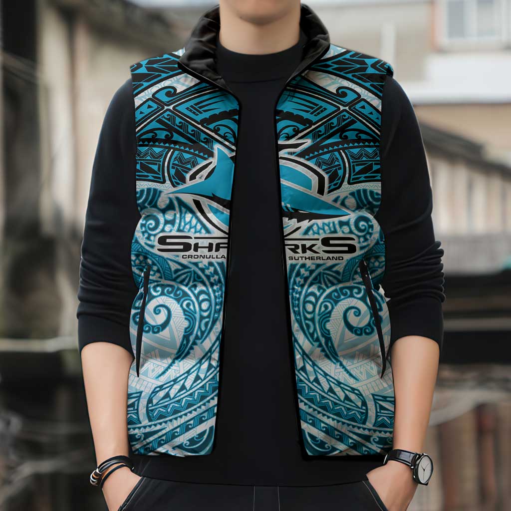 Personalized Cronulla-Sutherland Sharks Sleeveless Puffer Jacket Polynesian Tribal Pattern Style