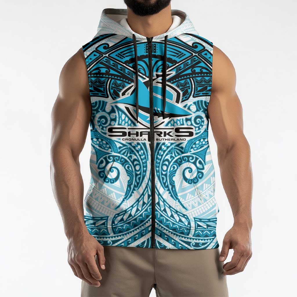 Personalized Cronulla-Sutherland Sharks Sleeveless Zip Hoodie Polynesian Tribal Pattern Style