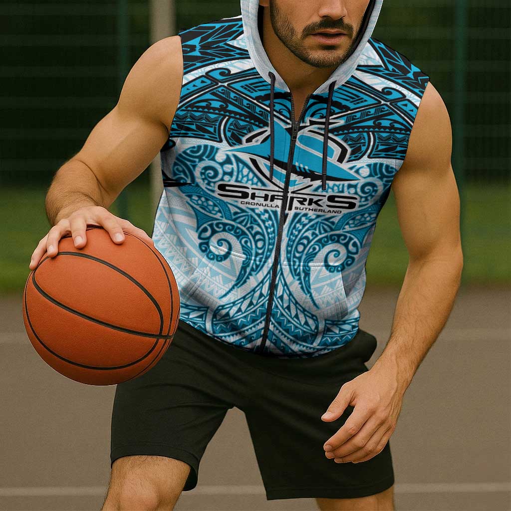 Personalized Cronulla-Sutherland Sharks Sleeveless Zip Hoodie Polynesian Tribal Pattern Style