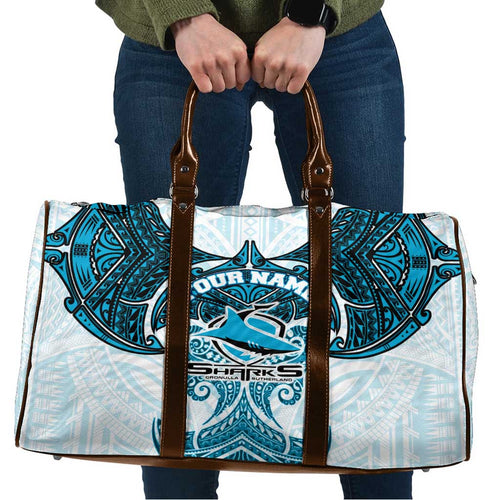 Personalized Cronulla-Sutherland Sharks Travel Bag Polynesian Tribal Pattern Style