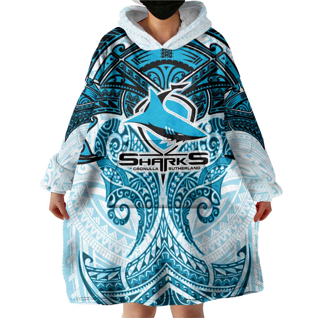 Personalized Cronulla-Sutherland Sharks Wearable Blanket Hoodie Polynesian Tribal Pattern Style