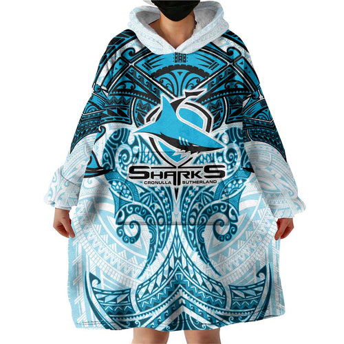 Personalized Cronulla-Sutherland Sharks Wearable Blanket Hoodie Polynesian Tribal Pattern Style