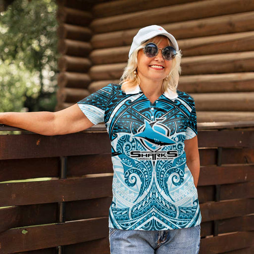 Personalized Cronulla-Sutherland Sharks Women Polo Shirt Polynesian Tribal Pattern Style