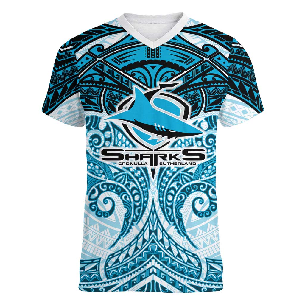 Personalized Cronulla-Sutherland Sharks Women V-Neck T-Shirt Polynesian Tribal Pattern Style