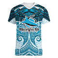 Personalized Cronulla-Sutherland Sharks Women V-Neck T-Shirt Polynesian Tribal Pattern Style