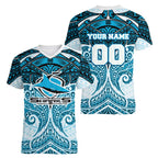 Personalized Cronulla-Sutherland Sharks Women V-Neck T-Shirt Polynesian Tribal Pattern Style