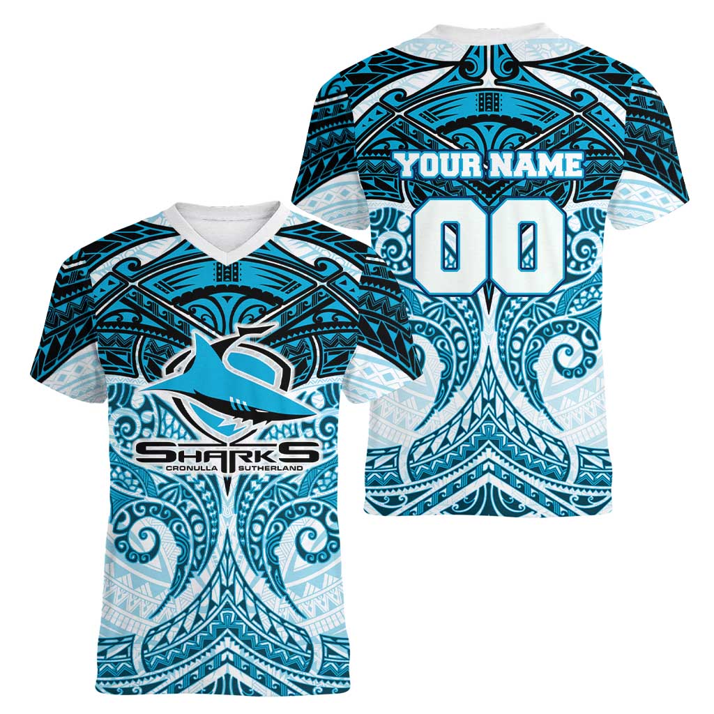 Personalized Cronulla-Sutherland Sharks Women V-Neck T-Shirt Polynesian Tribal Pattern Style