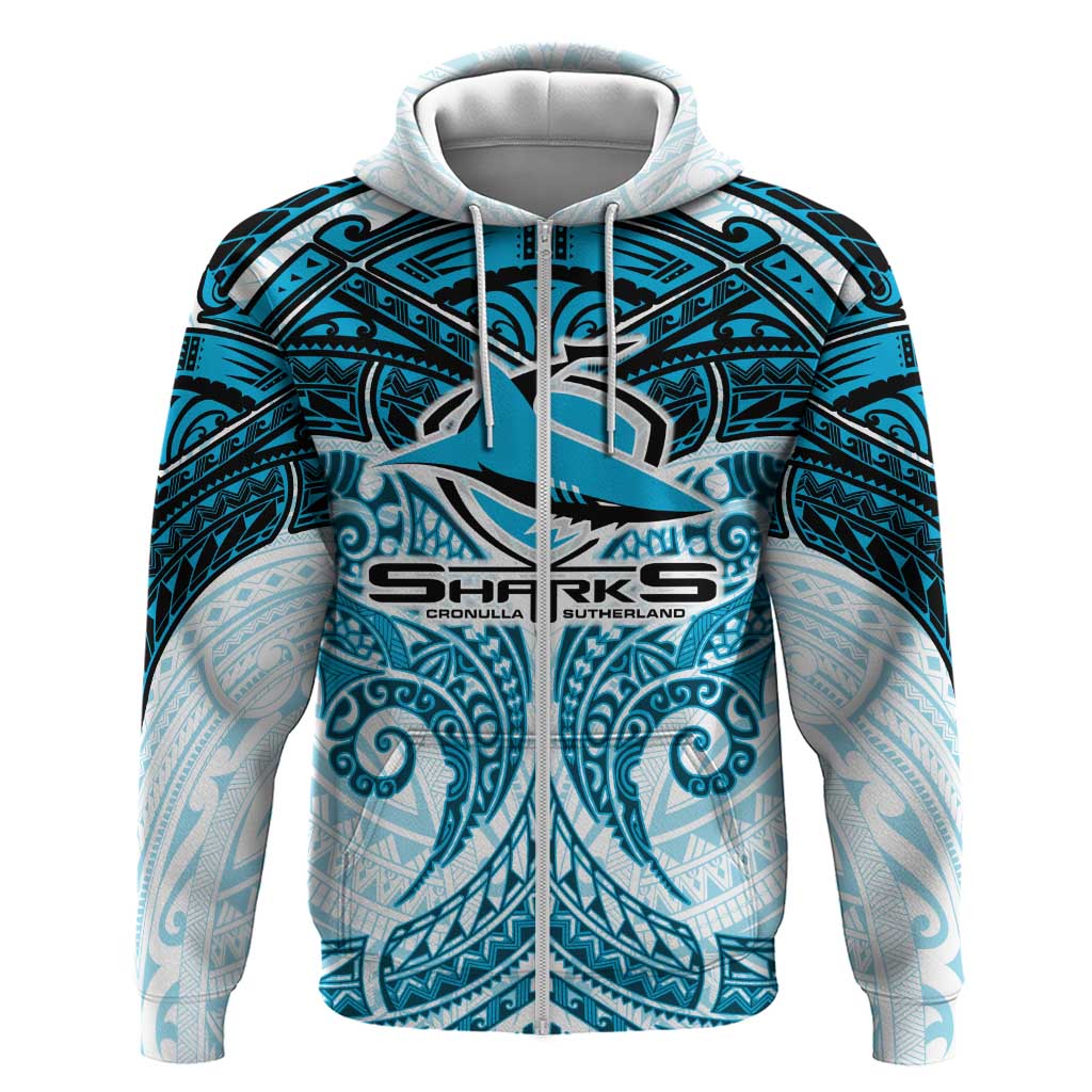 Personalized Cronulla-Sutherland Sharks Zip Hoodie Polynesian Tribal Pattern Style