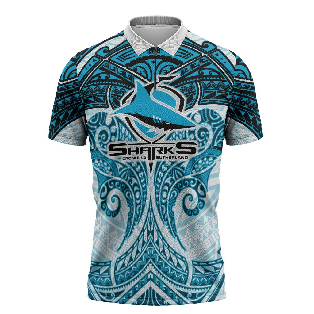 Personalized Cronulla-Sutherland Sharks Zipper Polo Shirt Polynesian Tribal Pattern Style