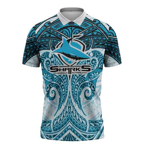 Personalized Cronulla-Sutherland Sharks Zipper Polo Shirt Polynesian Tribal Pattern Style