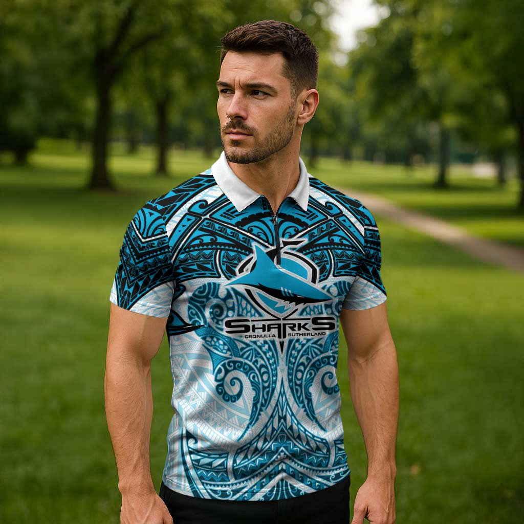 Personalized Cronulla-Sutherland Sharks Zipper Polo Shirt Polynesian Tribal Pattern Style