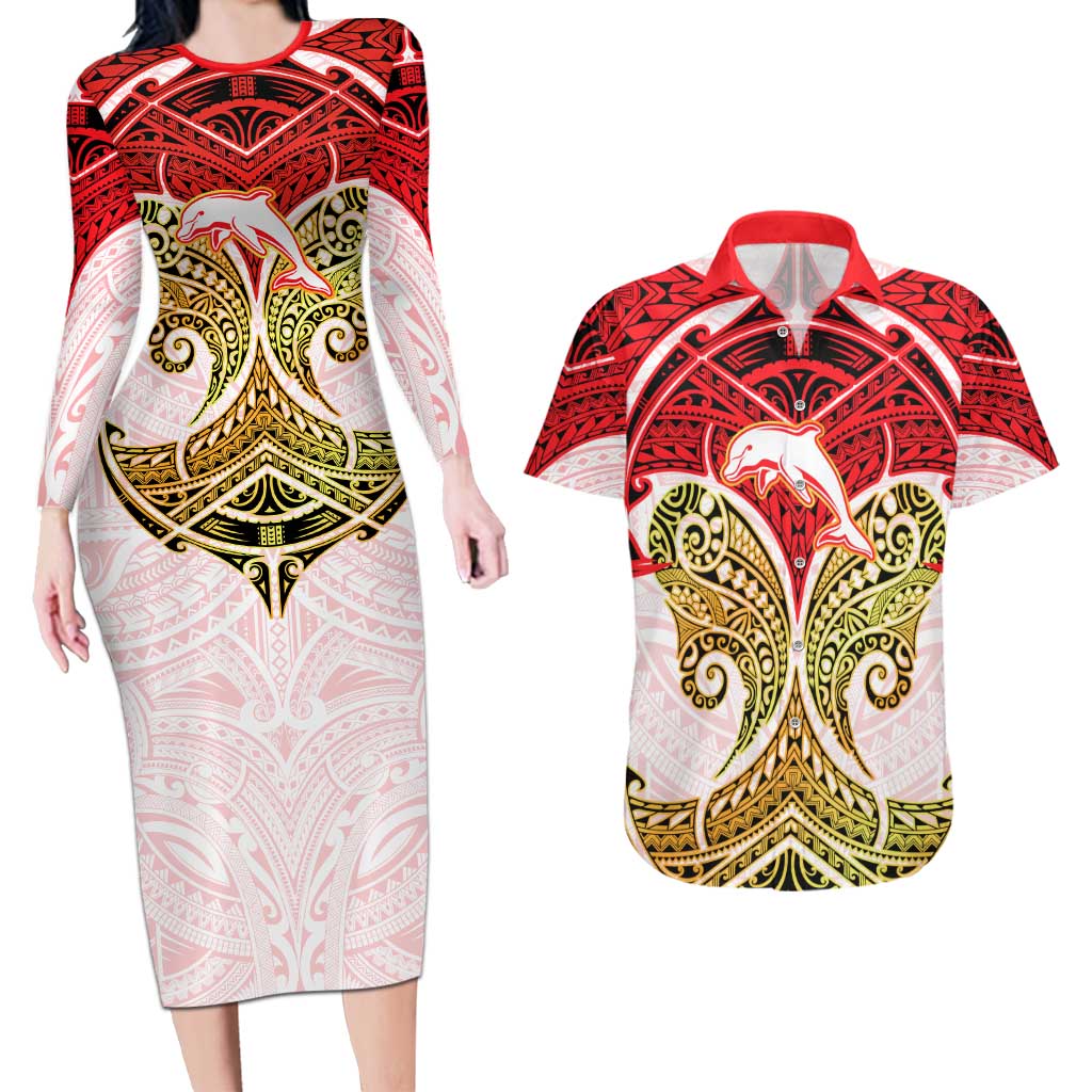 Personalized Dolphins Couples Matching Long Sleeve Bodycon Dress and Hawaiian Shirt Polynesian Tribal Pattern Style