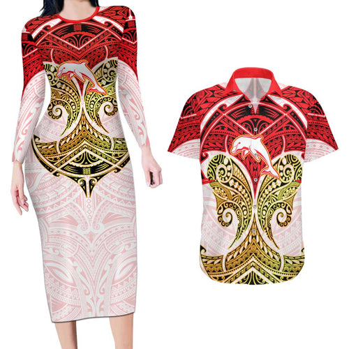 Personalized Dolphins Couples Matching Long Sleeve Bodycon Dress and Hawaiian Shirt Polynesian Tribal Pattern Style