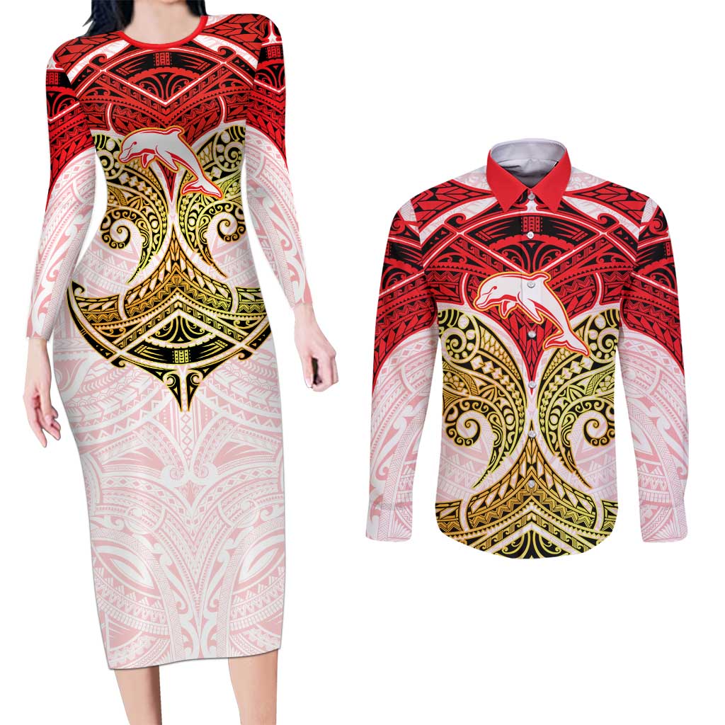 Personalized Dolphins Couples Matching Long Sleeve Bodycon Dress and Long Sleeve Button Shirt Polynesian Tribal Pattern Style