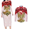 Personalized Dolphins Couples Matching Long Sleeve Bodycon Dress and Long Sleeve Button Shirt Polynesian Tribal Pattern Style