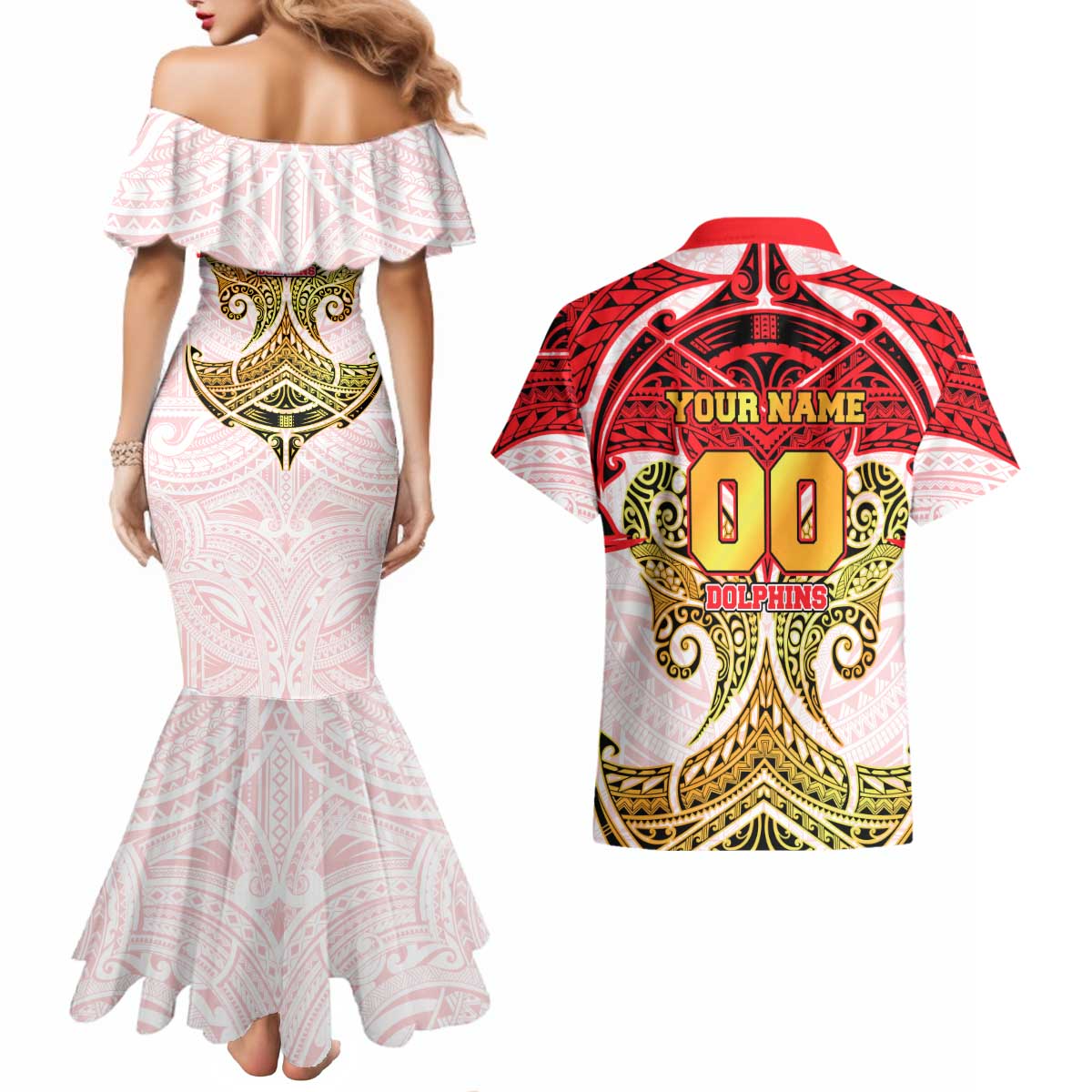 Personalized Dolphins Couples Matching Mermaid Dress and Hawaiian Shirt Polynesian Tribal Pattern Style