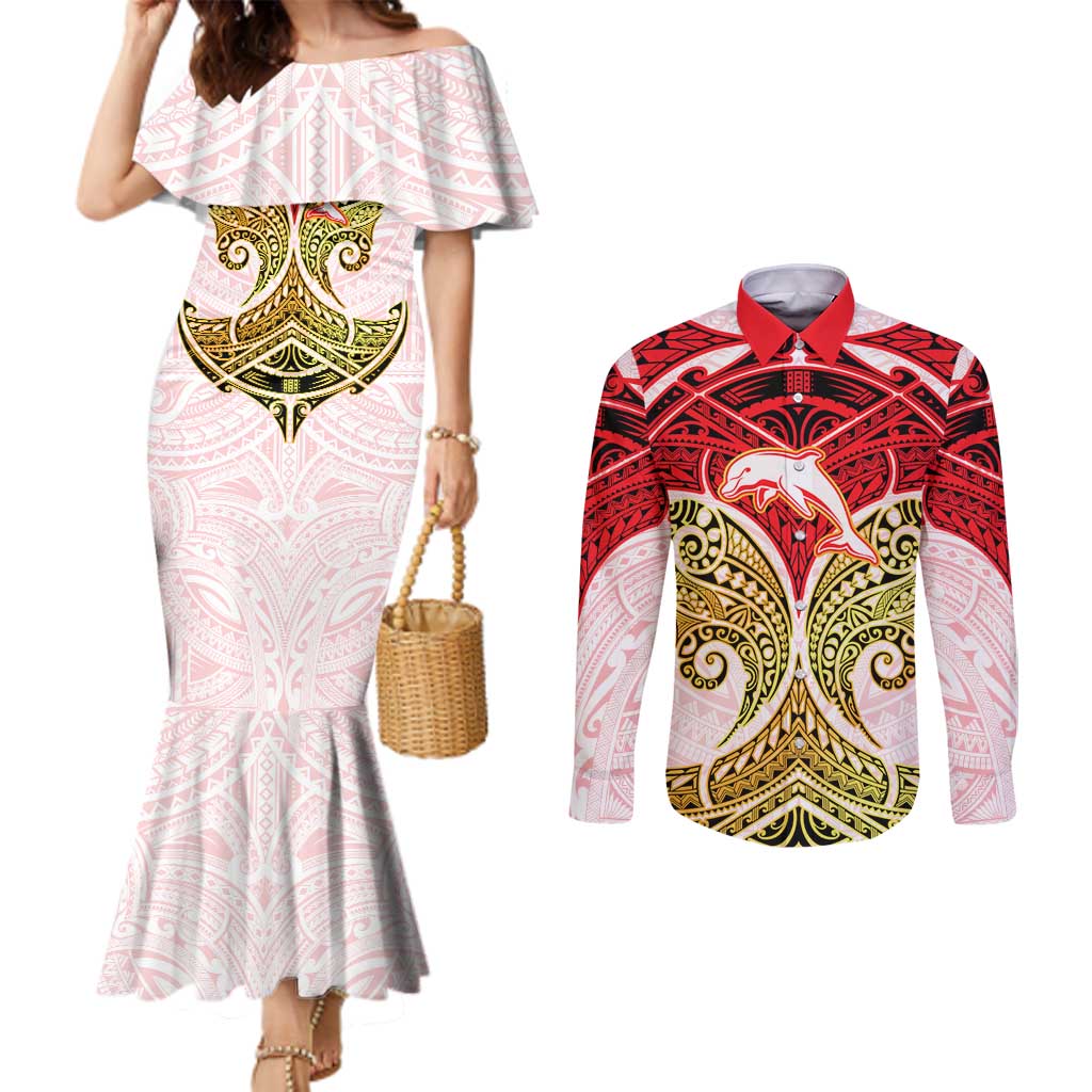 Personalized Dolphins Couples Matching Mermaid Dress and Long Sleeve Button Shirt Polynesian Tribal Pattern Style