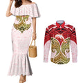 Personalized Dolphins Couples Matching Mermaid Dress and Long Sleeve Button Shirt Polynesian Tribal Pattern Style