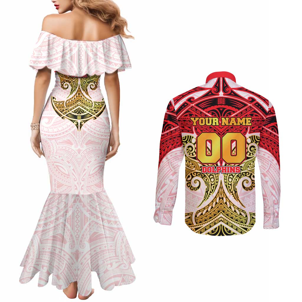 Personalized Dolphins Couples Matching Mermaid Dress and Long Sleeve Button Shirt Polynesian Tribal Pattern Style