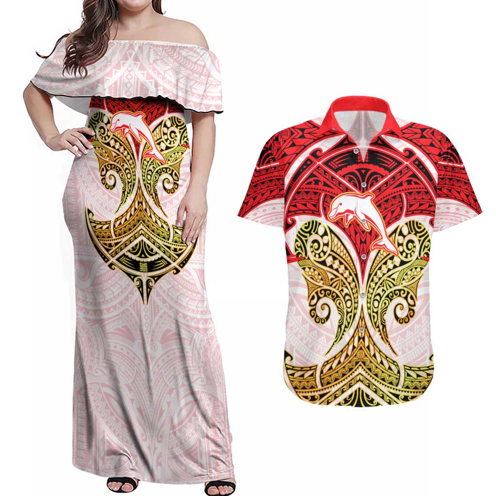 Personalized Dolphins Couples Matching Off Shoulder Maxi Dress and Hawaiian Shirt Polynesian Tribal Pattern Style