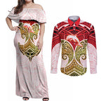 Personalized Dolphins Couples Matching Off Shoulder Maxi Dress and Long Sleeve Button Shirt Polynesian Tribal Pattern Style