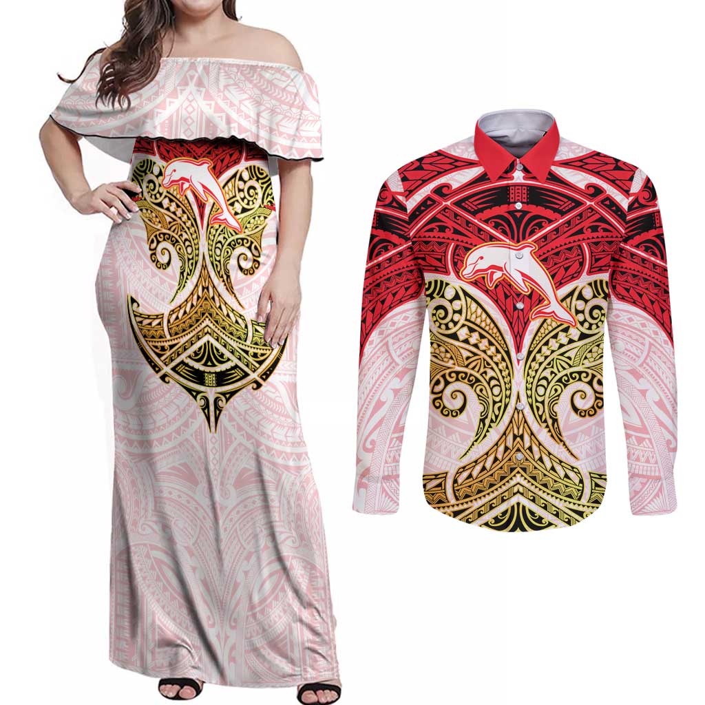 Personalized Dolphins Couples Matching Off Shoulder Maxi Dress and Long Sleeve Button Shirt Polynesian Tribal Pattern Style