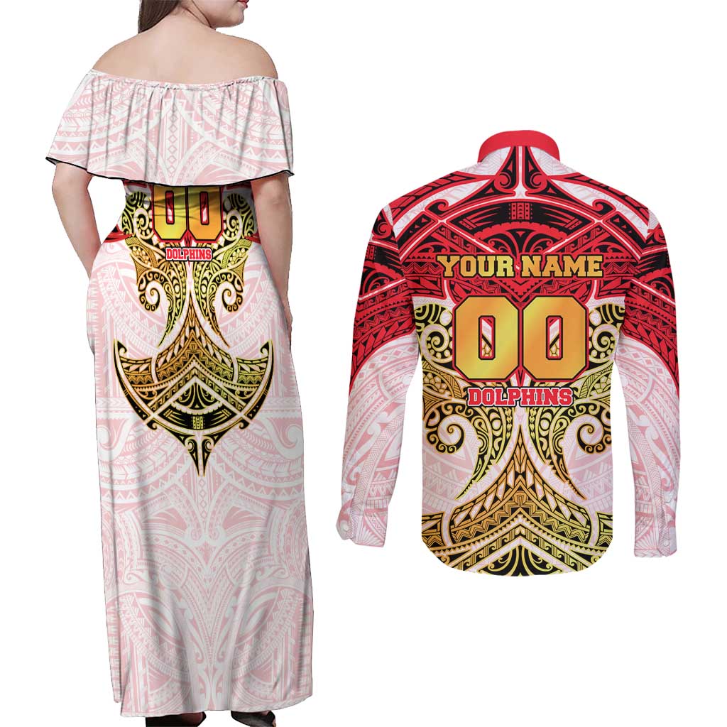 Personalized Dolphins Couples Matching Off Shoulder Maxi Dress and Long Sleeve Button Shirt Polynesian Tribal Pattern Style