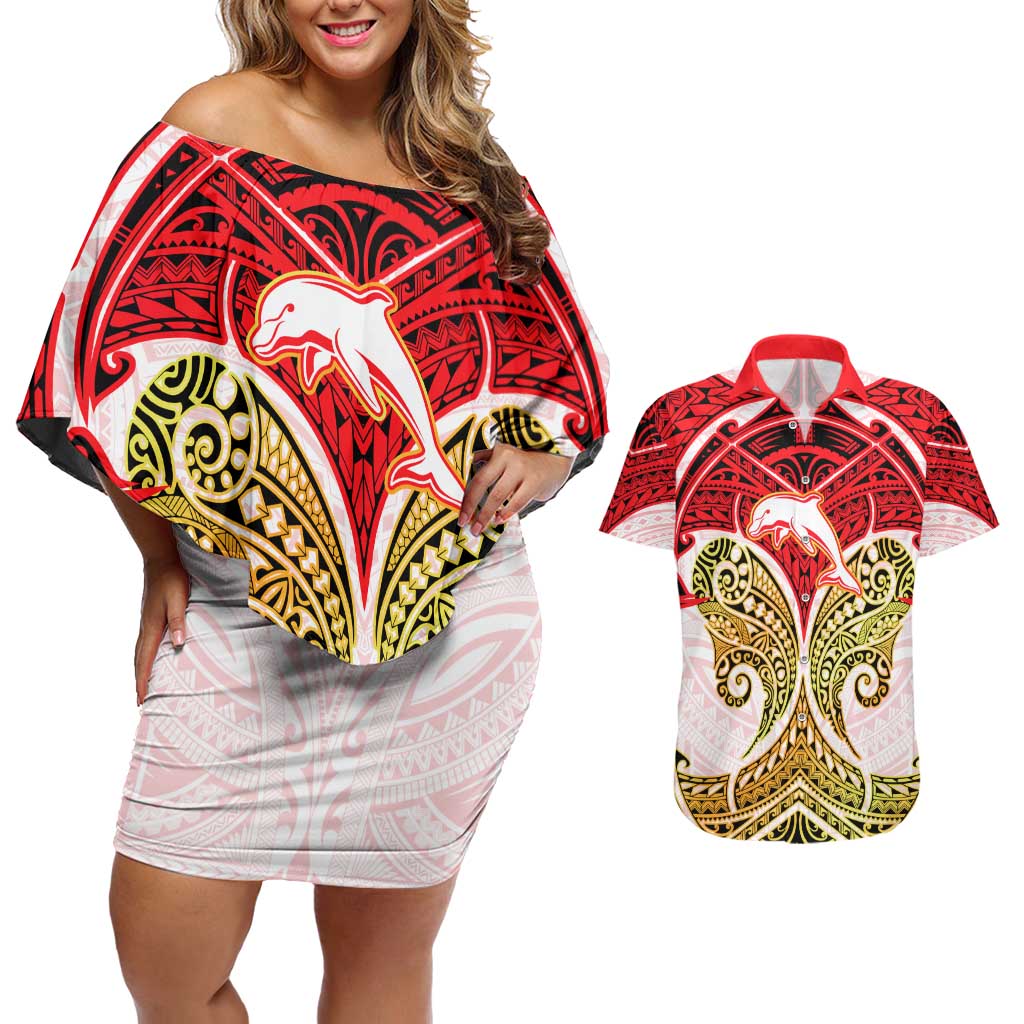 Personalized Dolphins Couples Matching Off Shoulder Short Dress and Hawaiian Shirt Polynesian Tribal Pattern Style