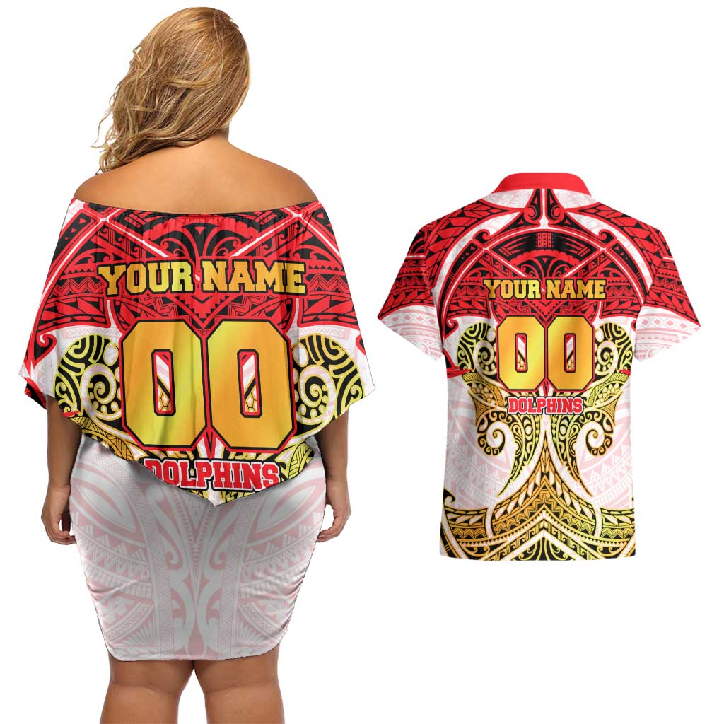 Personalized Dolphins Couples Matching Off Shoulder Short Dress and Hawaiian Shirt Polynesian Tribal Pattern Style