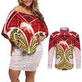 Personalized Dolphins Couples Matching Off Shoulder Short Dress and Long Sleeve Button Shirt Polynesian Tribal Pattern Style