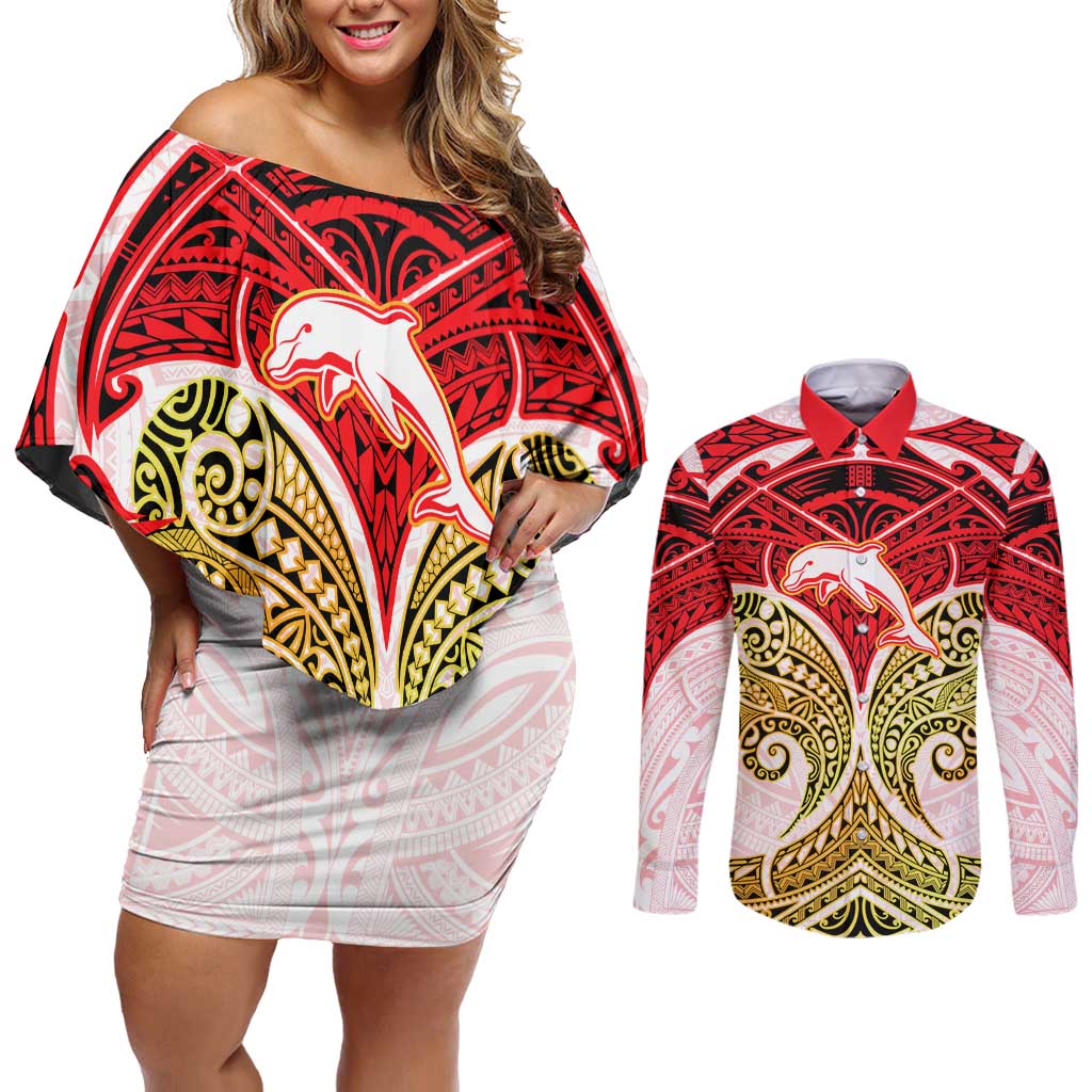 Personalized Dolphins Couples Matching Off Shoulder Short Dress and Long Sleeve Button Shirt Polynesian Tribal Pattern Style
