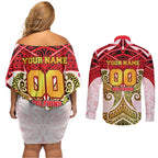 Personalized Dolphins Couples Matching Off Shoulder Short Dress and Long Sleeve Button Shirt Polynesian Tribal Pattern Style