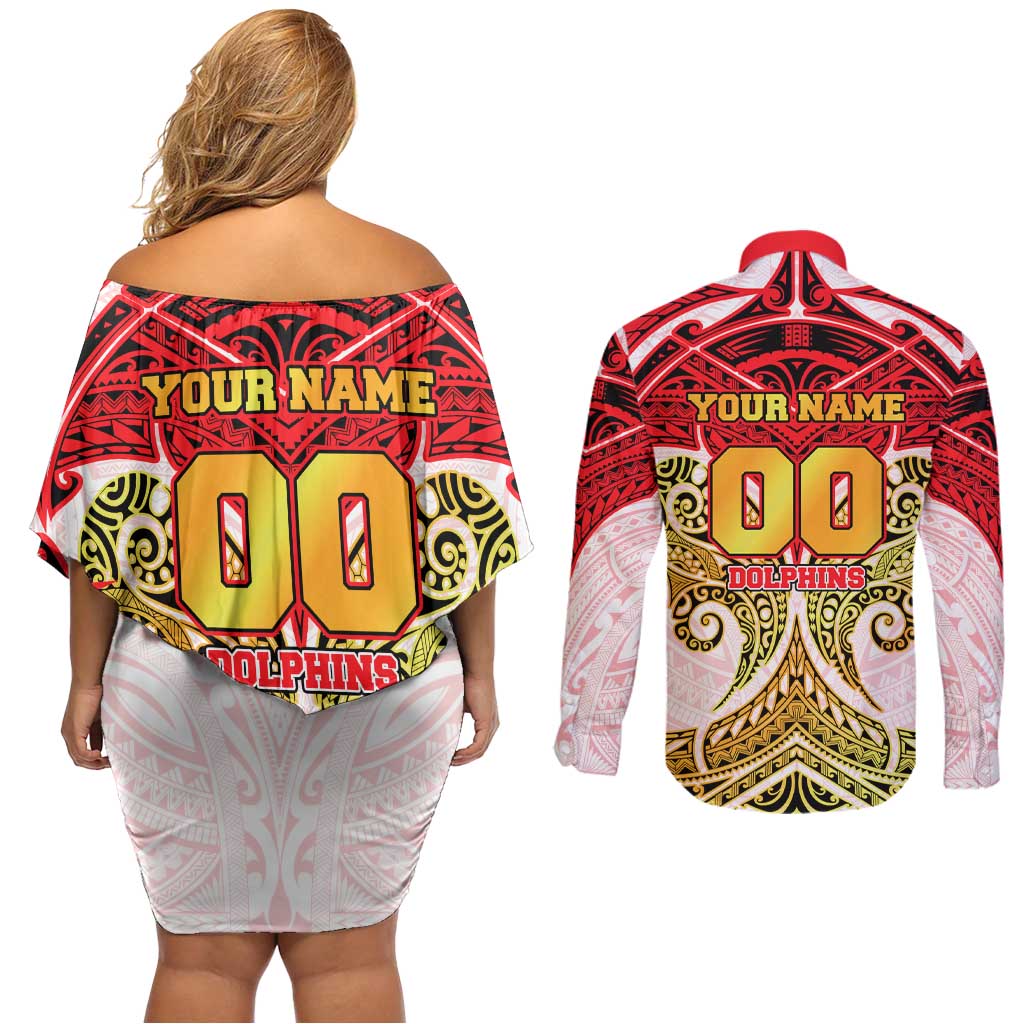 Personalized Dolphins Couples Matching Off Shoulder Short Dress and Long Sleeve Button Shirt Polynesian Tribal Pattern Style